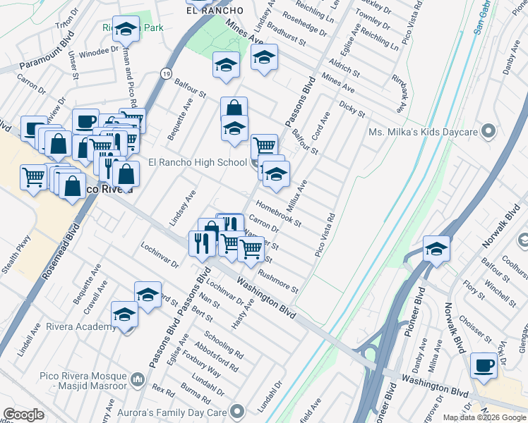 map of restaurants, bars, coffee shops, grocery stores, and more near 9407 Homebrook Street in Pico Rivera