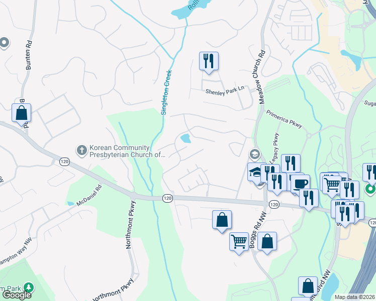 map of restaurants, bars, coffee shops, grocery stores, and more near 2573 Larson Creek Way Northwest in Duluth
