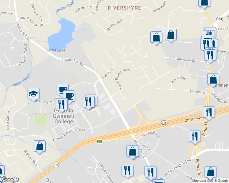 map of restaurants, bars, coffee shops, grocery stores, and more near 28 Indian Branch Way in Lawrenceville