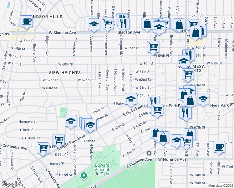 map of restaurants, bars, coffee shops, grocery stores, and more near 6330 South Harcourt Avenue in Los Angeles