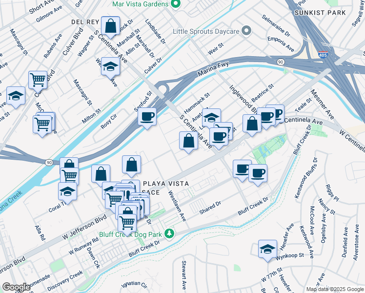 map of restaurants, bars, coffee shops, grocery stores, and more near 12453 Lucile Street in Los Angeles