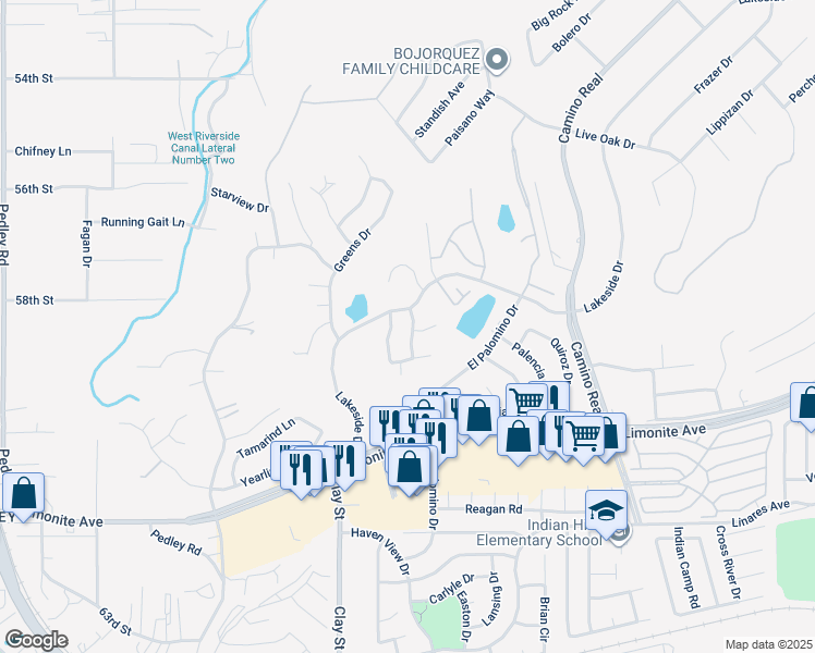 map of restaurants, bars, coffee shops, grocery stores, and more near 5839 Moonridge Drive in Riverside