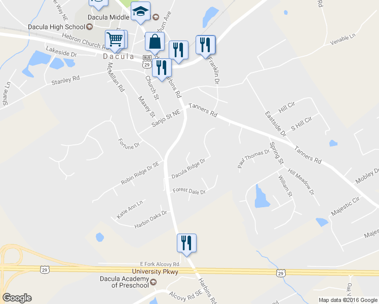 map of restaurants, bars, coffee shops, grocery stores, and more near 802 Dacula Ridge Ct in Dacula