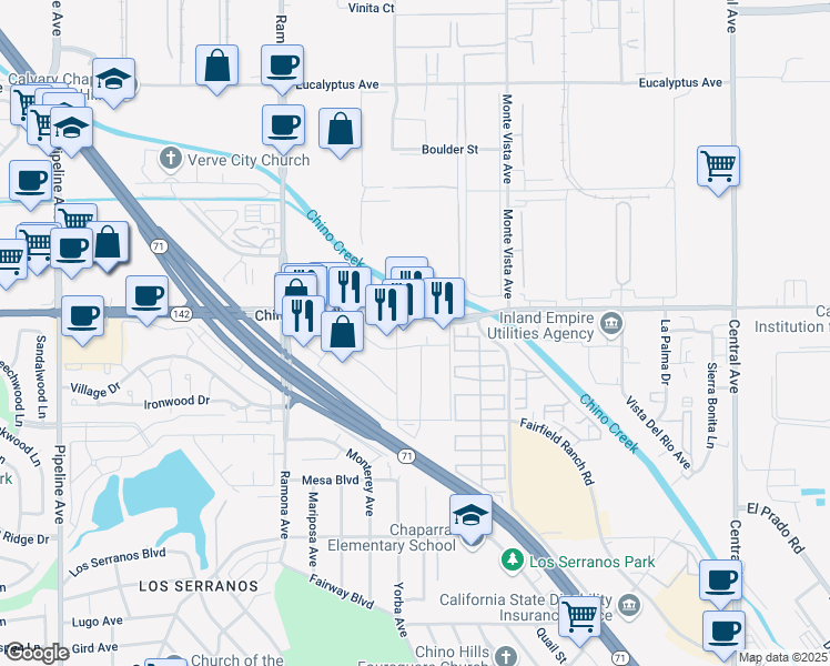 map of restaurants, bars, coffee shops, grocery stores, and more near 4721 Chino Hills Parkway in Chino Hills