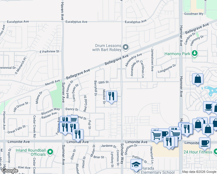 map of restaurants, bars, coffee shops, grocery stores, and more near 13044 Bramble Street in Eastvale