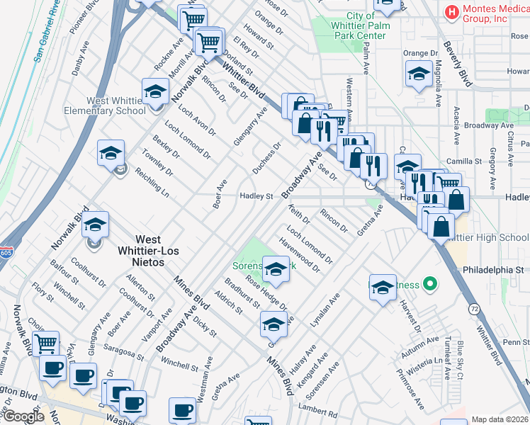 map of restaurants, bars, coffee shops, grocery stores, and more near 6725 Broadway Avenue in Whittier