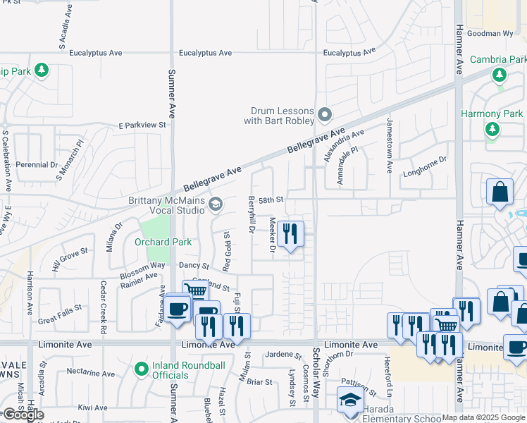 map of restaurants, bars, coffee shops, grocery stores, and more near 5774 Meeker Drive in Corona