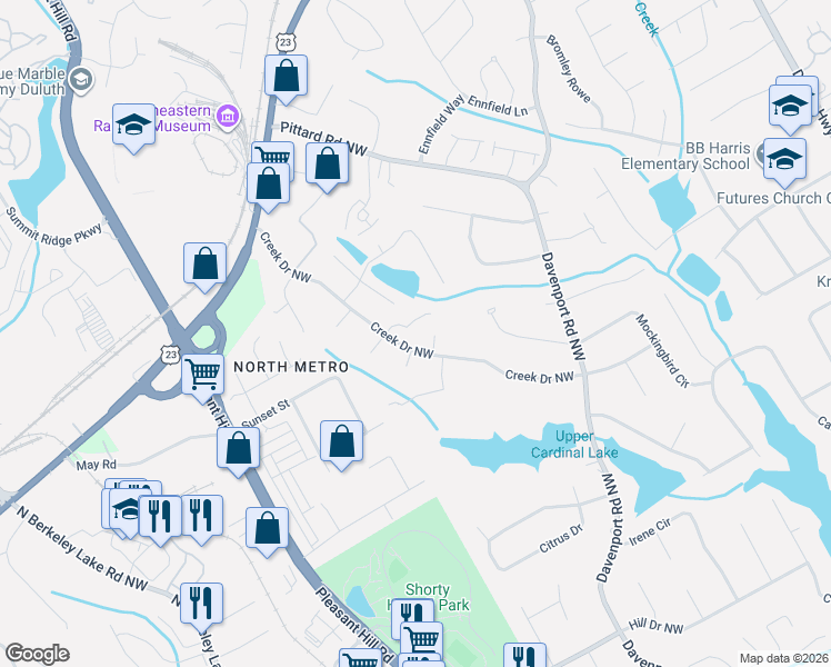 map of restaurants, bars, coffee shops, grocery stores, and more near 3496 Lori Lane Northwest in Duluth