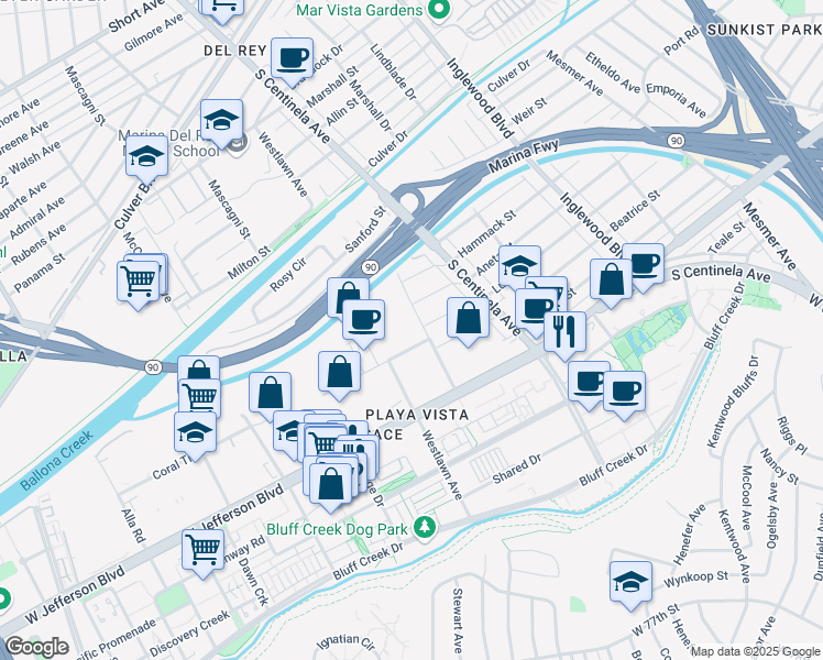 map of restaurants, bars, coffee shops, grocery stores, and more near 5425 Grosvenor Boulevard in Los Angeles