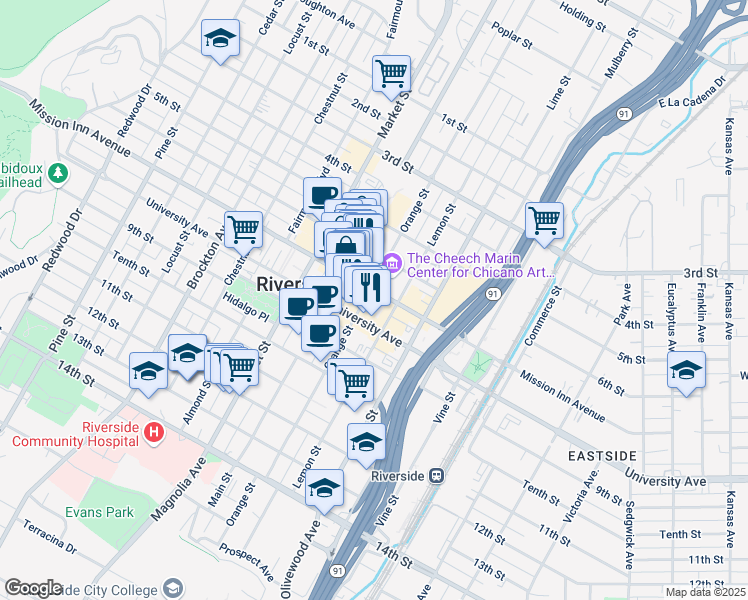 map of restaurants, bars, coffee shops, grocery stores, and more near 3720 Orange Street in Riverside