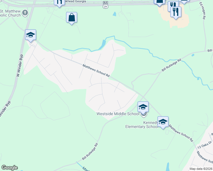 map of restaurants, bars, coffee shops, grocery stores, and more near 560 Casey's Crossing in Winder