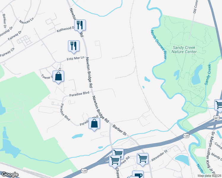 map of restaurants, bars, coffee shops, grocery stores, and more near 180 Newton Bridge Road in Athens