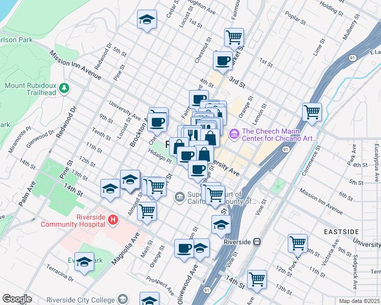 map of restaurants, bars, coffee shops, grocery stores, and more near in Riverside