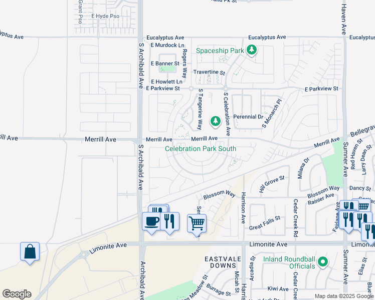 map of restaurants, bars, coffee shops, grocery stores, and more near 5032 South Heritage Paseo in Ontario