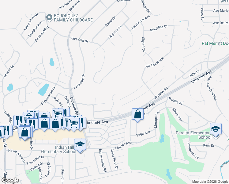 map of restaurants, bars, coffee shops, grocery stores, and more near 5873 Winncliff Drive in Riverside