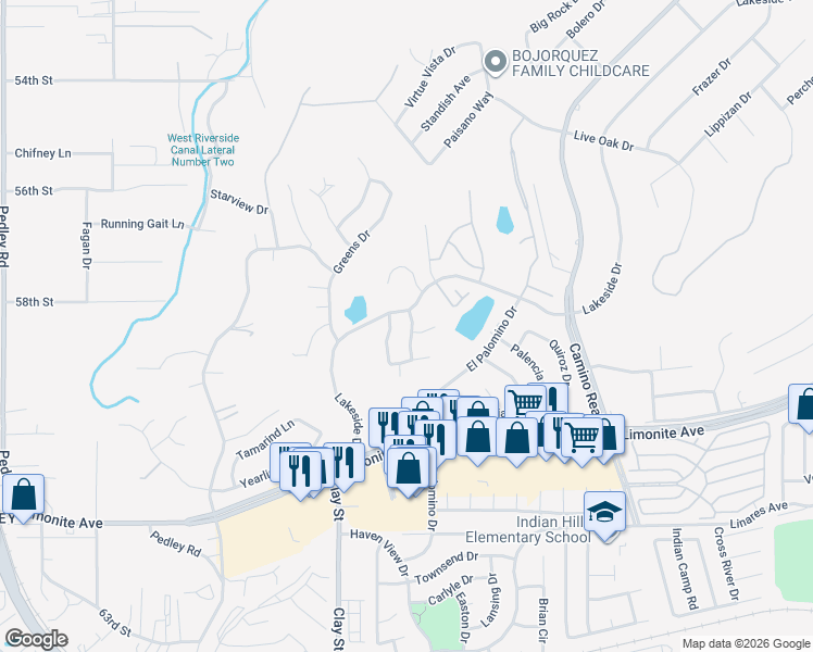 map of restaurants, bars, coffee shops, grocery stores, and more near 5810 Moonridge Drive in Riverside