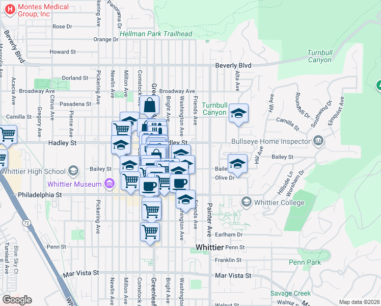 map of restaurants, bars, coffee shops, grocery stores, and more near in Whittier