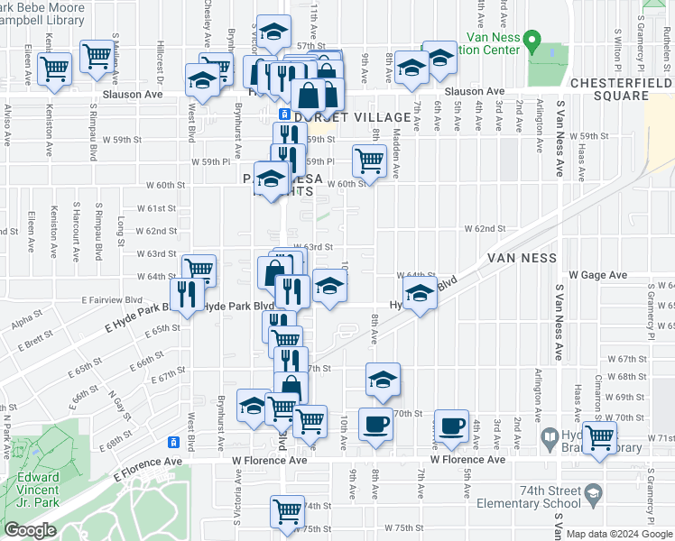 map of restaurants, bars, coffee shops, grocery stores, and more near 6310 11th Avenue in Los Angeles