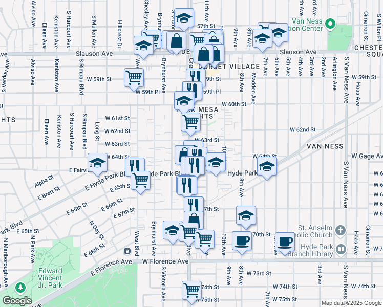 map of restaurants, bars, coffee shops, grocery stores, and more near 6314 Crenshaw Boulevard in Los Angeles