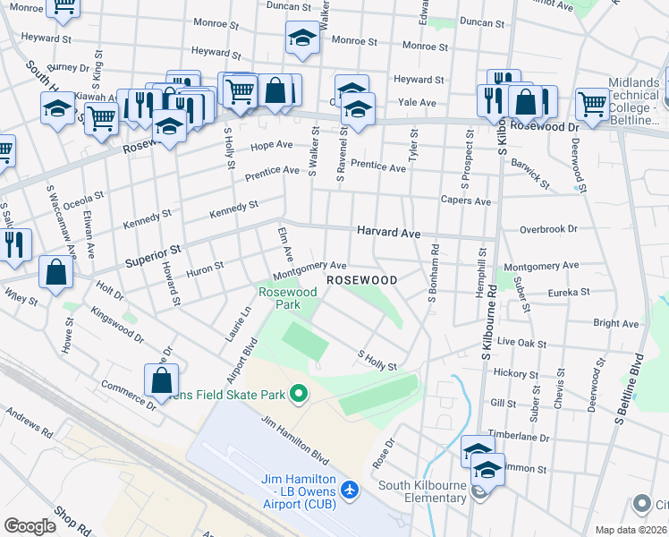 map of restaurants, bars, coffee shops, grocery stores, and more near 624 Wando Street in Columbia