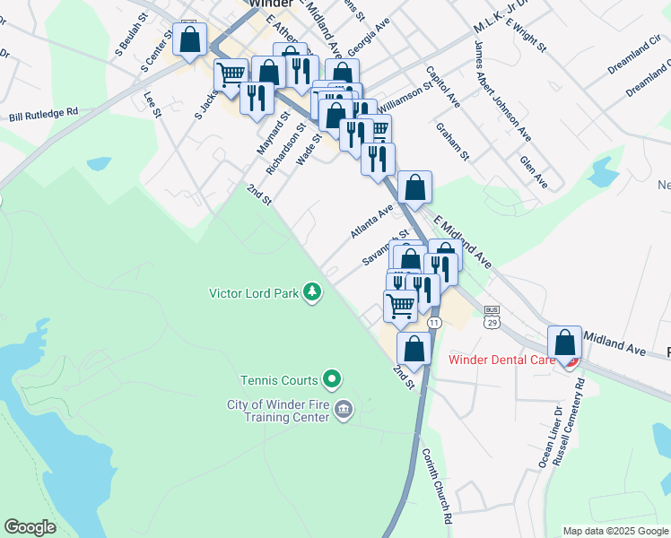 map of restaurants, bars, coffee shops, grocery stores, and more near 41 Savannah Street in Winder