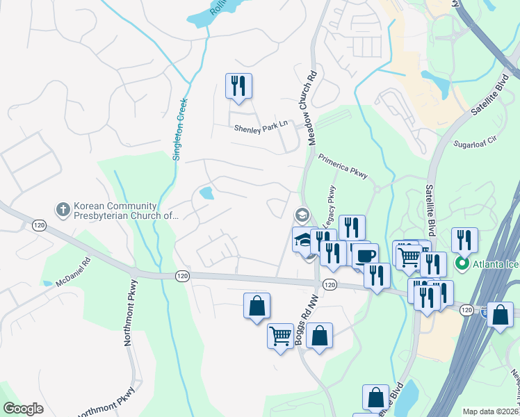 map of restaurants, bars, coffee shops, grocery stores, and more near 3301 Brookhavenrun Circle in Duluth