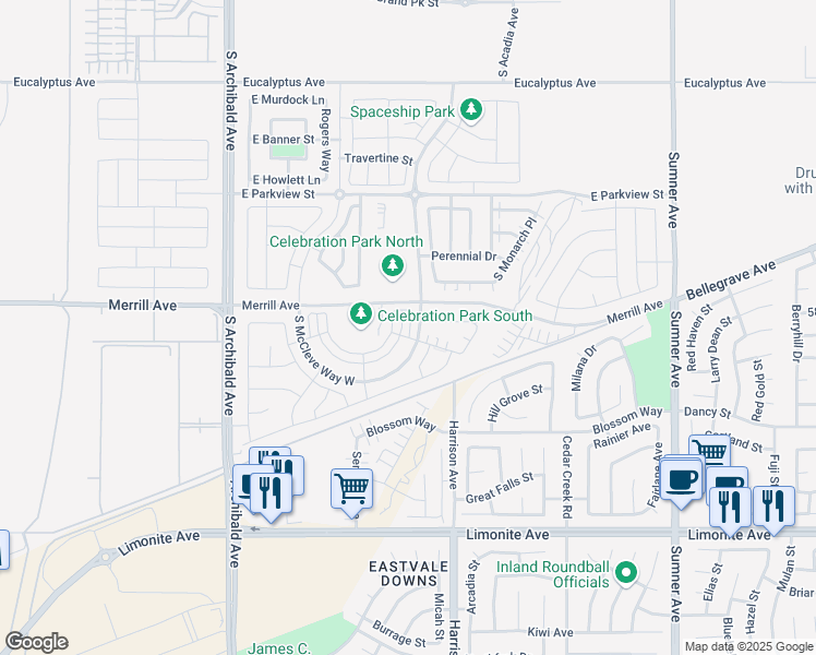 map of restaurants, bars, coffee shops, grocery stores, and more near 5033 South Centennial Circle in Ontario