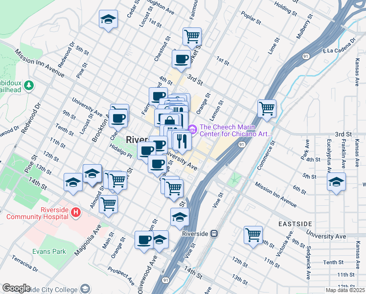map of restaurants, bars, coffee shops, grocery stores, and more near 3720 Orange Street in Riverside
