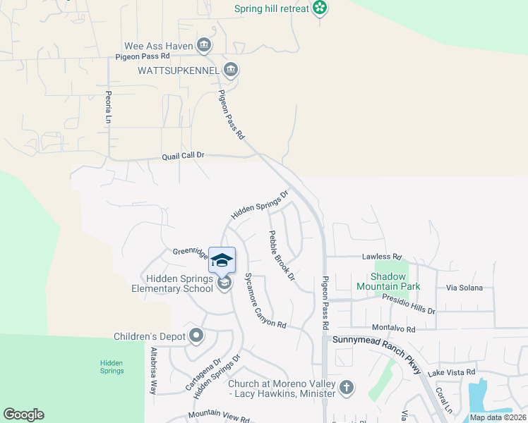 map of restaurants, bars, coffee shops, grocery stores, and more near 9517 Pebble Brook Drive in Moreno Valley
