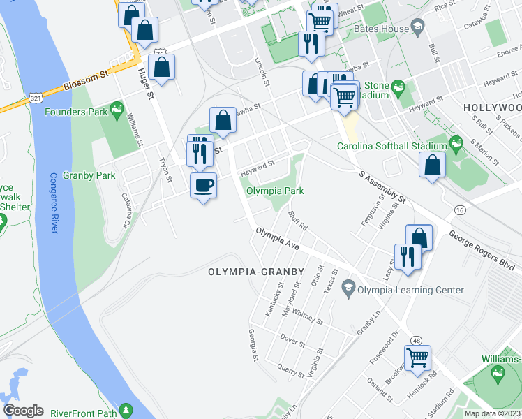 map of restaurants, bars, coffee shops, grocery stores, and more near 211 Carolina Street in Columbia