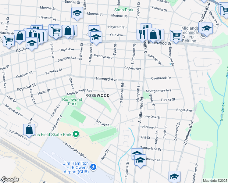 map of restaurants, bars, coffee shops, grocery stores, and more near 612 Tyler Street in Columbia