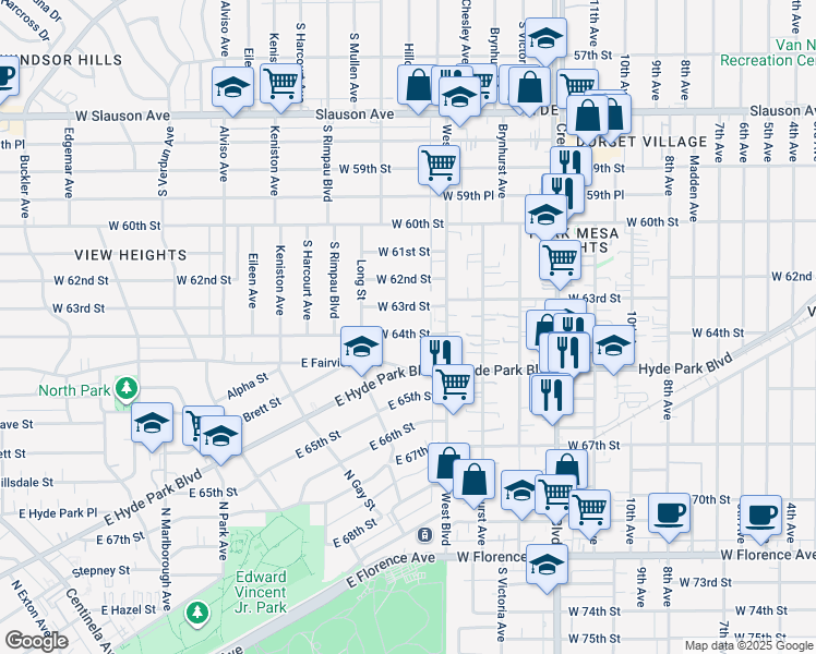 map of restaurants, bars, coffee shops, grocery stores, and more near 3641 West 64th Street in Los Angeles