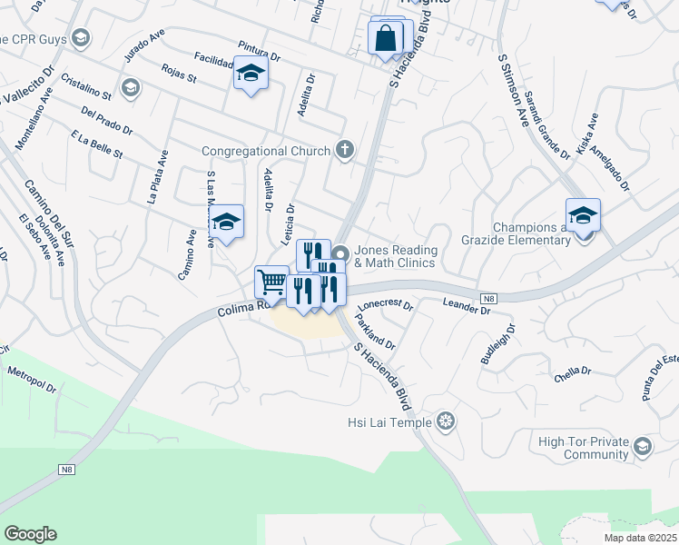 map of restaurants, bars, coffee shops, grocery stores, and more near 3052 South Hacienda Boulevard in Hacienda Heights