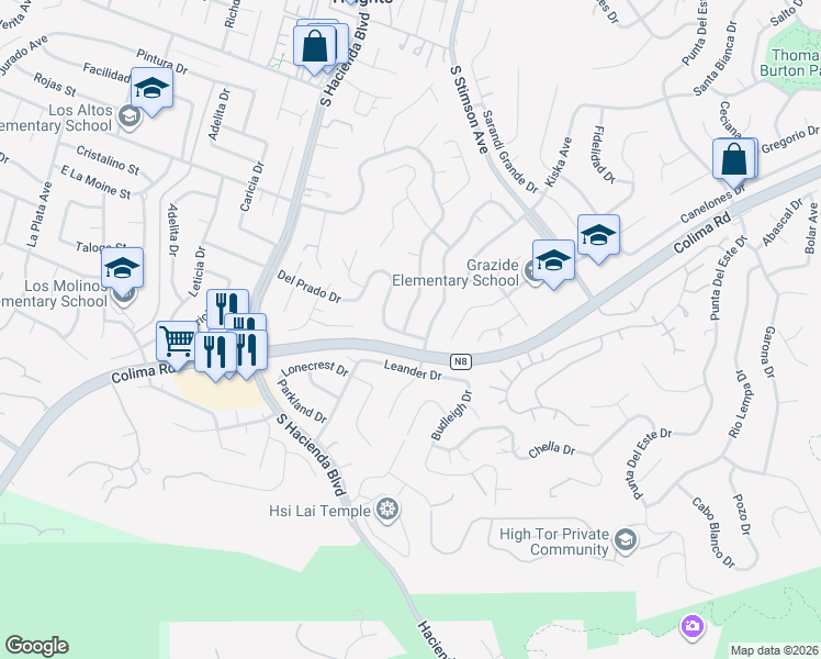 map of restaurants, bars, coffee shops, grocery stores, and more near 3022 Ilopango Drive in Hacienda Heights