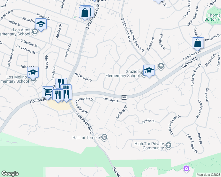 map of restaurants, bars, coffee shops, grocery stores, and more near 15951 Del Prado Drive in Hacienda Heights