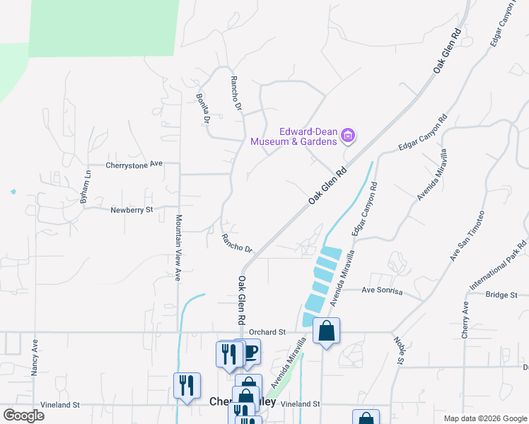 map of restaurants, bars, coffee shops, grocery stores, and more near 9575 Oak Glen Road in Cherry Valley
