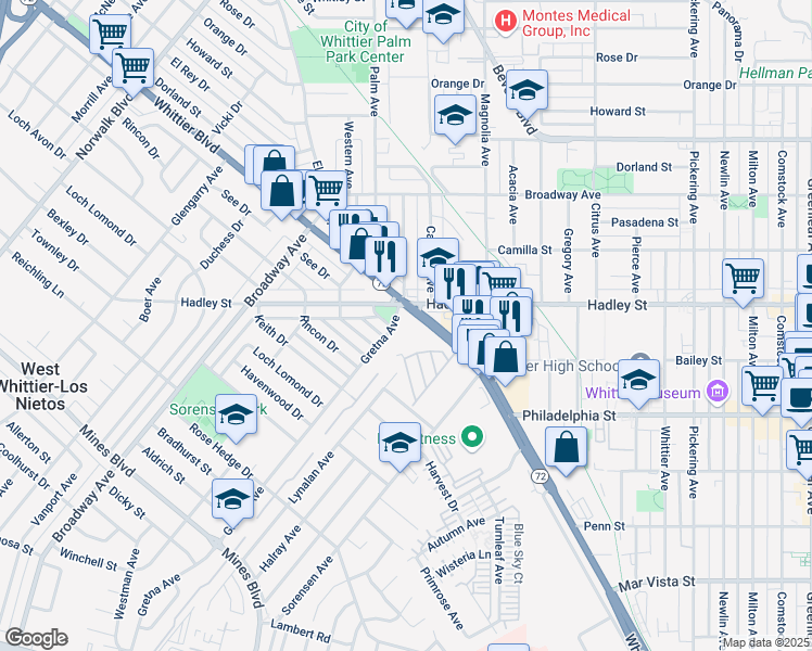 map of restaurants, bars, coffee shops, grocery stores, and more near in Whittier