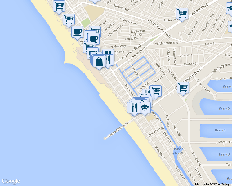 map of restaurants, bars, coffee shops, grocery stores, and more near 2505 Ocean Front Walk in Los Angeles