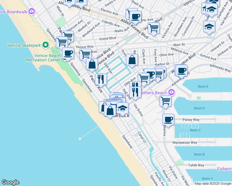 map of restaurants, bars, coffee shops, grocery stores, and more near 2723 Grand Canal in Los Angeles