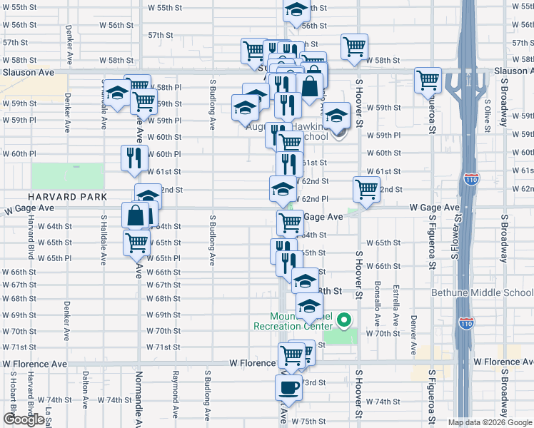 map of restaurants, bars, coffee shops, grocery stores, and more near 1043 West Gage Avenue in Los Angeles