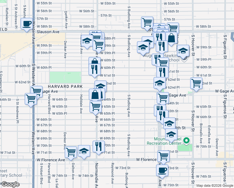 map of restaurants, bars, coffee shops, grocery stores, and more near 1249 West Gage Avenue in Los Angeles