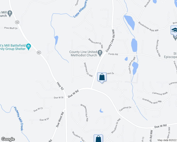 map of restaurants, bars, coffee shops, grocery stores, and more near 6260 Sharpsburg Court Northwest in Acworth