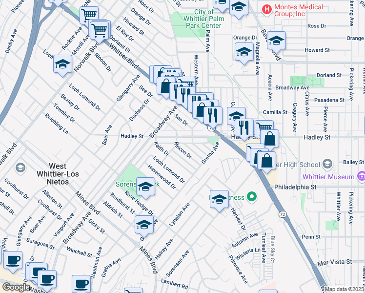 map of restaurants, bars, coffee shops, grocery stores, and more near 11464 Rincon Drive in Whittier