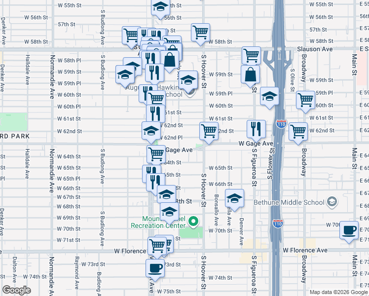 map of restaurants, bars, coffee shops, grocery stores, and more near 840 West 62nd Place in Los Angeles