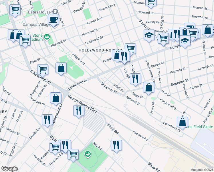 map of restaurants, bars, coffee shops, grocery stores, and more near 528 Superior Street in Columbia