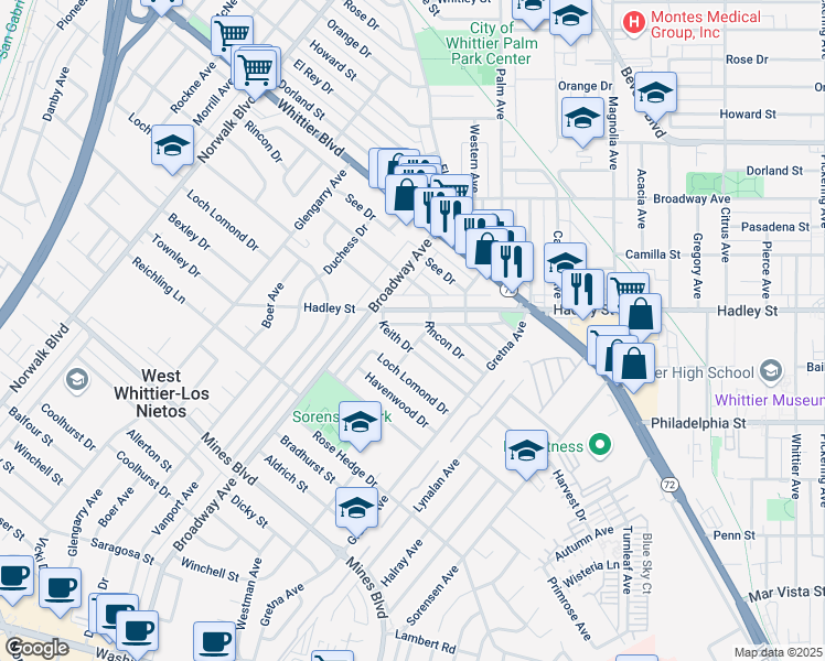 map of restaurants, bars, coffee shops, grocery stores, and more near 11464 Rincon Drive in Whittier