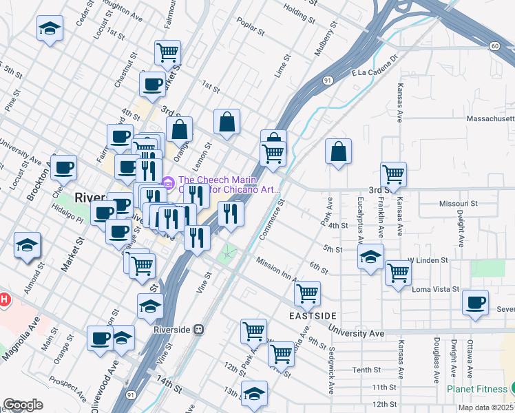 map of restaurants, bars, coffee shops, grocery stores, and more near 3480 Vine Street in Riverside