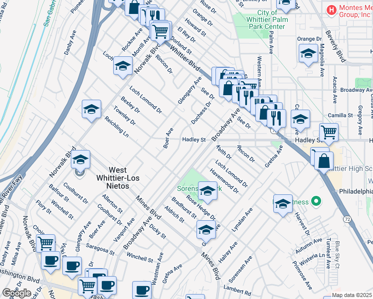 map of restaurants, bars, coffee shops, grocery stores, and more near 11212 Hadley Street in Whittier