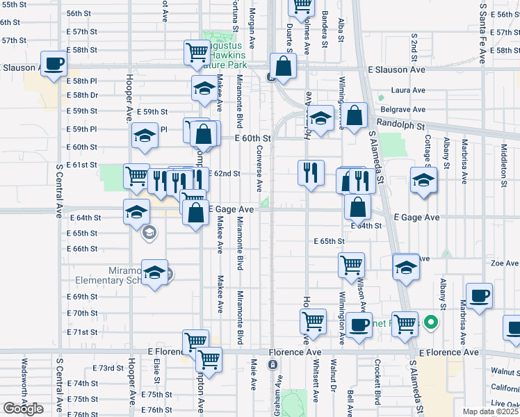 map of restaurants, bars, coffee shops, grocery stores, and more near in Florence-Graham