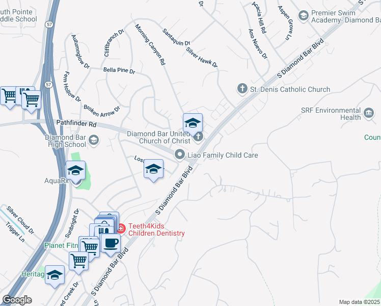 map of restaurants, bars, coffee shops, grocery stores, and more near 21784 Laurelrim Drive in Diamond Bar